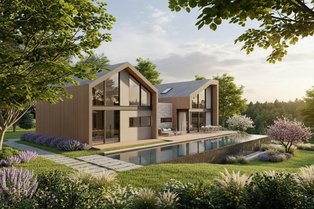 Render de referencia arquitectónica de casa campestre en La Ceja