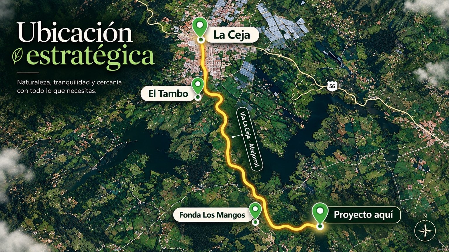 Mapa ilustrativo de la ubicación del proyecto en La Ceja, vía La Ceja–Abejorral, con referencias a El Tambo y Fonda Los Mangos.