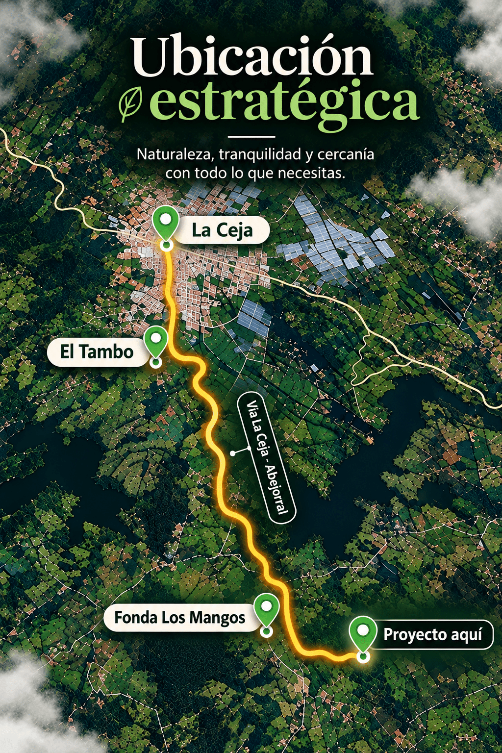 Mapa ilustrativo de la ubicación del proyecto en La Ceja, vía La Ceja–Abejorral, con referencias a El Tambo y Fonda Los Mangos.
